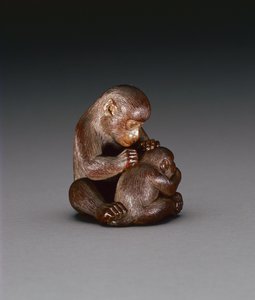 Netsuke, joka kuvaa apinaäitiä ja hänen poikaansa, n. 1880-1900 (puu) (katso kääntöpuoli 208393)